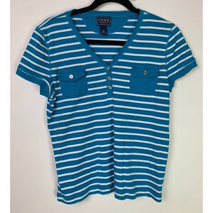 Chaps Womens Striped Blue & White V-Neck Short Sleeve Shirt With Button Accents